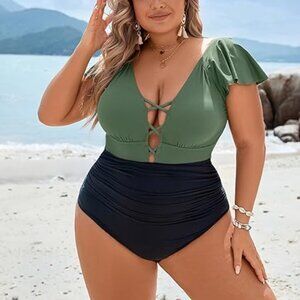 Amazon Blooming Jelly One Piece Tummy Control Ruffle Green Swimsuit Size XXL
